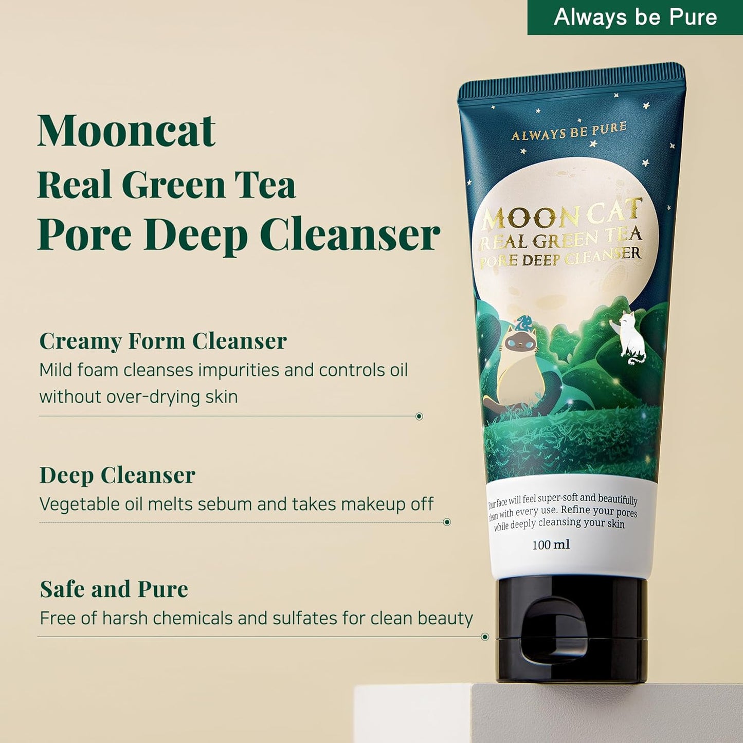 [Always Be Pure]Moon Cat Real Green Tea Pore Deep Cleanser, K-Beauty, Skin Care