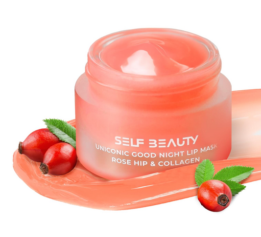 [Self Beauty] Lip Mask - Rosehip & Collagen, Vegan Lip Balm, Lip Moisturizer, Overnight Hydrating Lip Treatment with Collagen Peptide, Lip Scrub Exfoliator Intensive Lip Repair, 0.51fl.oz