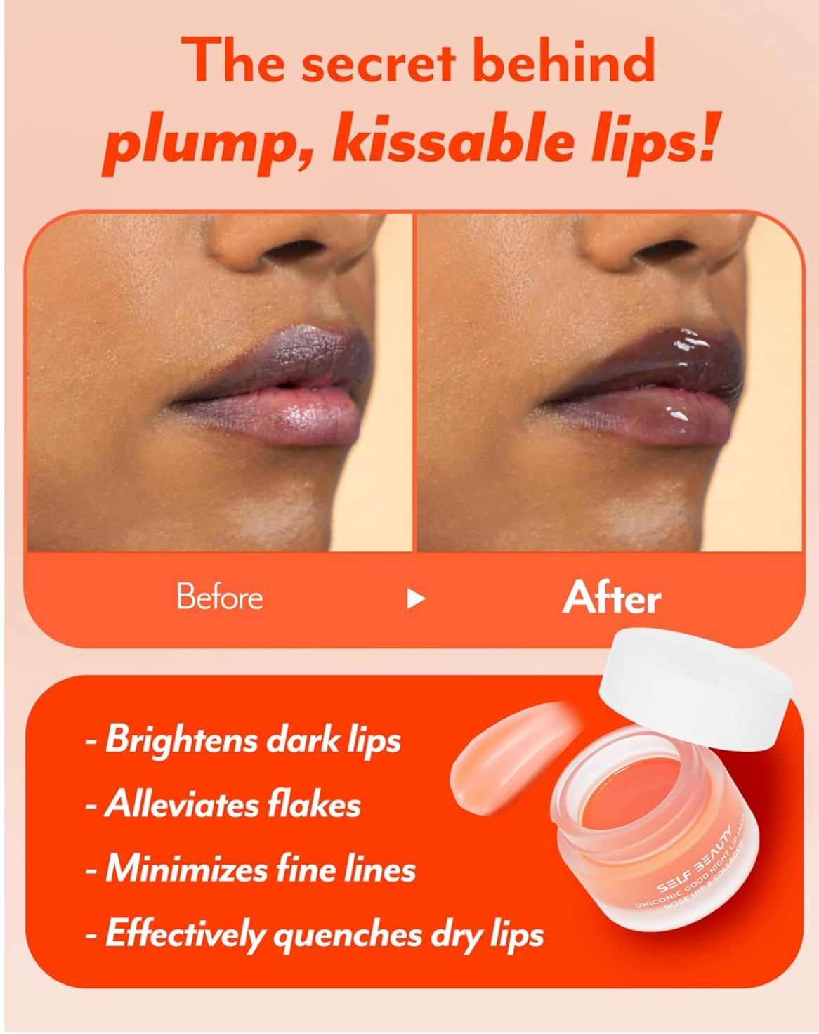 [Self Beauty] Lip Mask - Rosehip & Collagen, Vegan Lip Balm, Lip Moisturizer, Overnight Hydrating Lip Treatment with Collagen Peptide, Lip Scrub Exfoliator Intensive Lip Repair, 0.51fl.oz